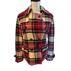 ⭐️ Women’s American Eagle Red Plaid Wool Blend Pea Coat Size Medium Winter